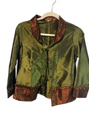 Vintage 90s Moss Green & Brown Silk-Like Blouse - Sz M
